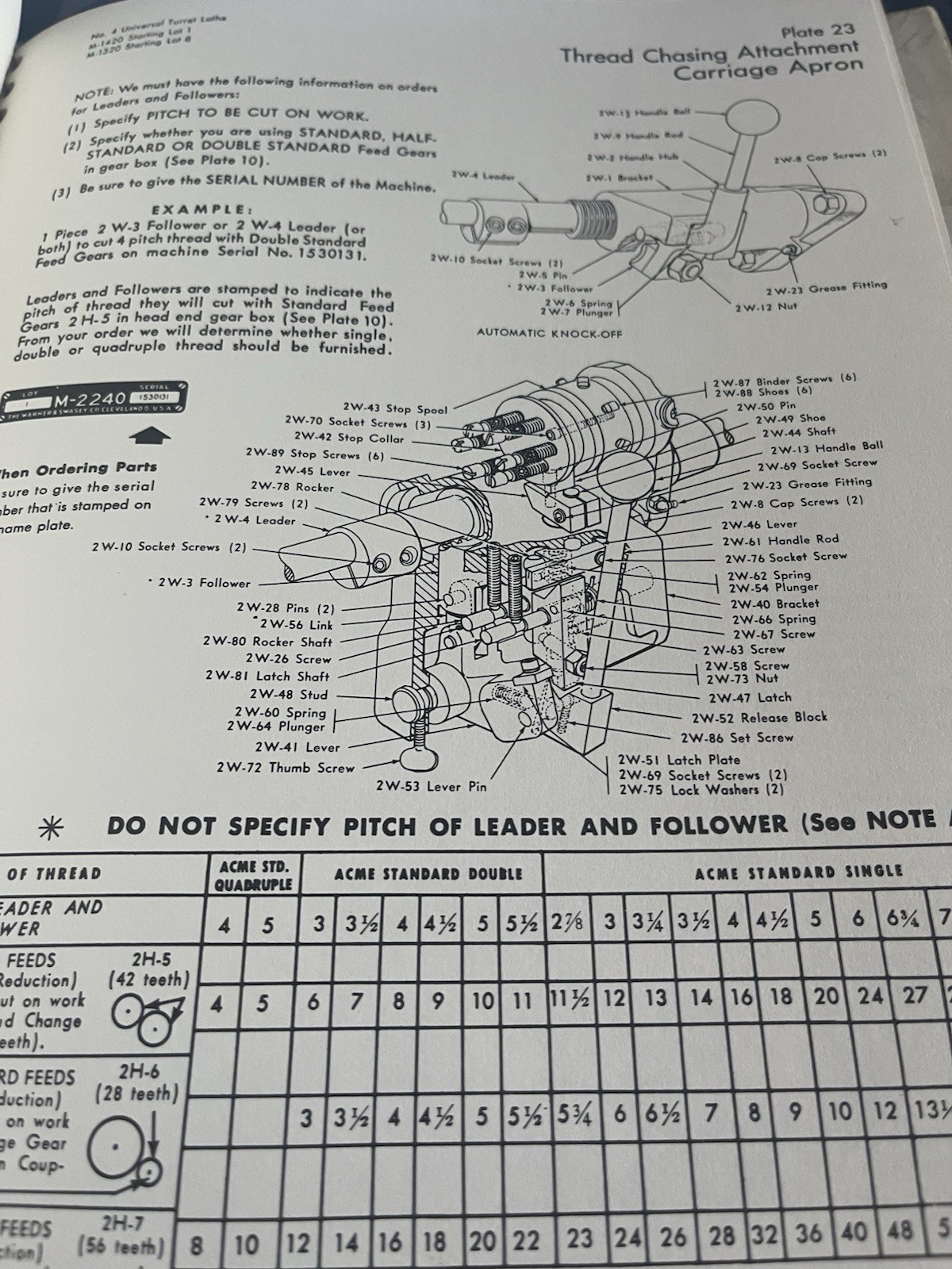 Warner Swasey Service Manual No.4 Universal Ram Type Turret Lathe Model M-1420