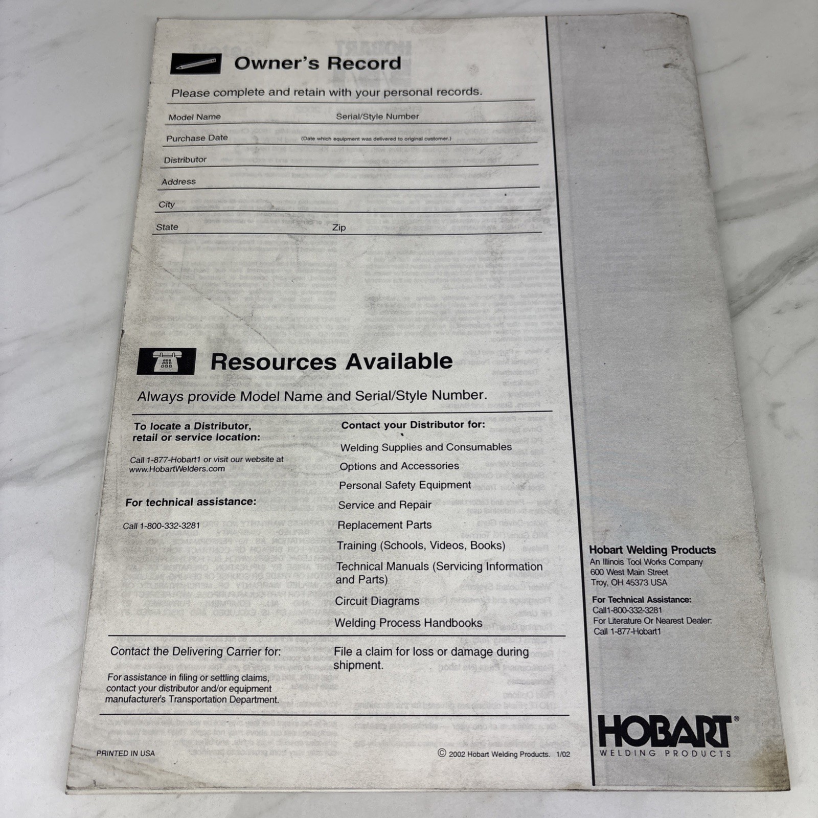 Hobart Welding Handler 135/175 & H-10 Gun Owner’s Operators Manual OM -944
