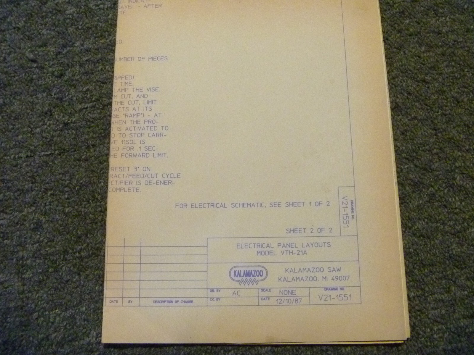 Kalamazoo VTH-21A Tilting Head Band Saw Electrical Panel Layouts Manual