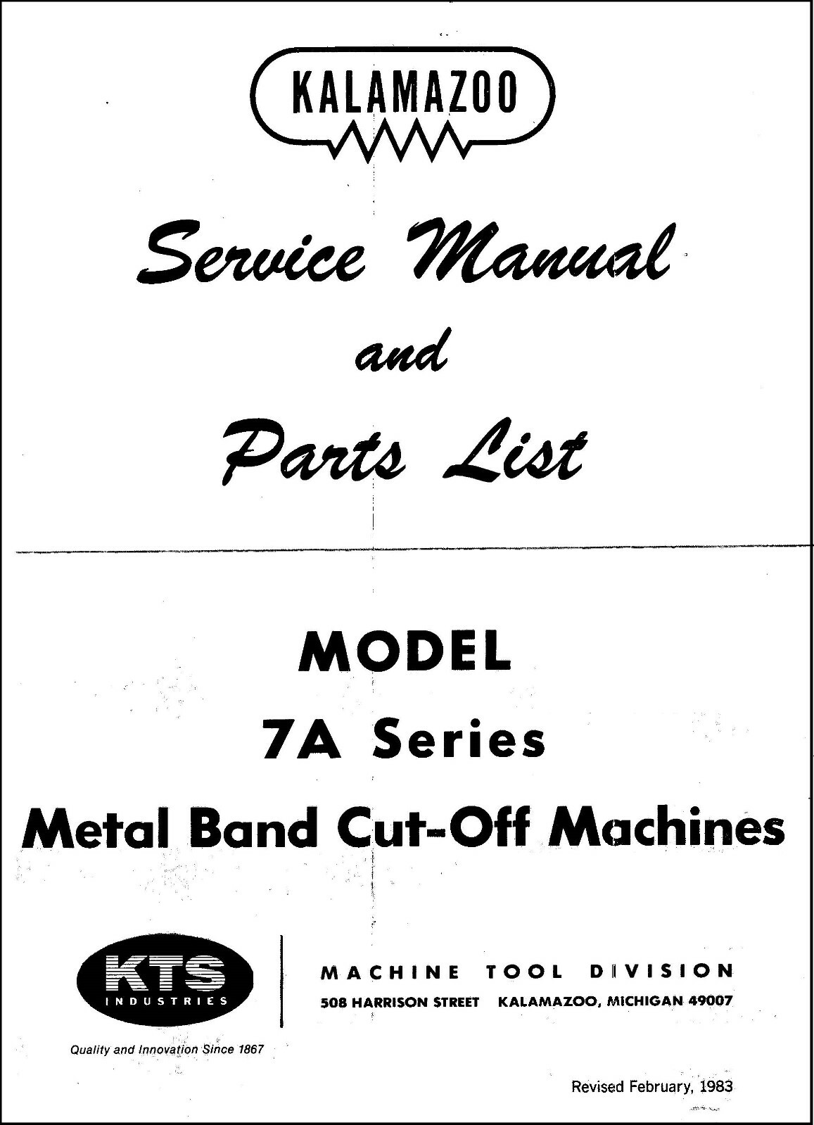 Metal Band Cut-Off Saw Service Manual & Parts List Fits Kalamazoo 7A Series