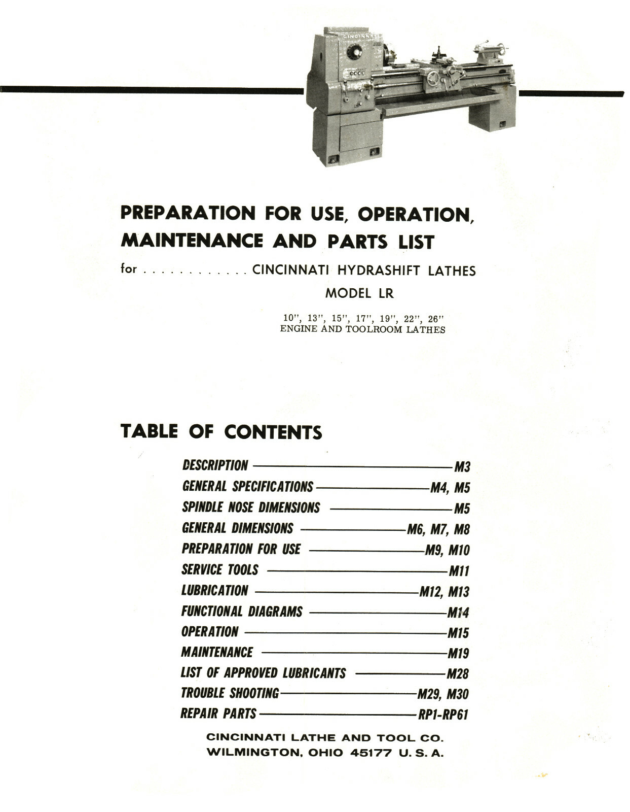 Cincinnati LR Hydrashift Lathe 10″ to 26″ Op, Service & Parts List Manual #1559