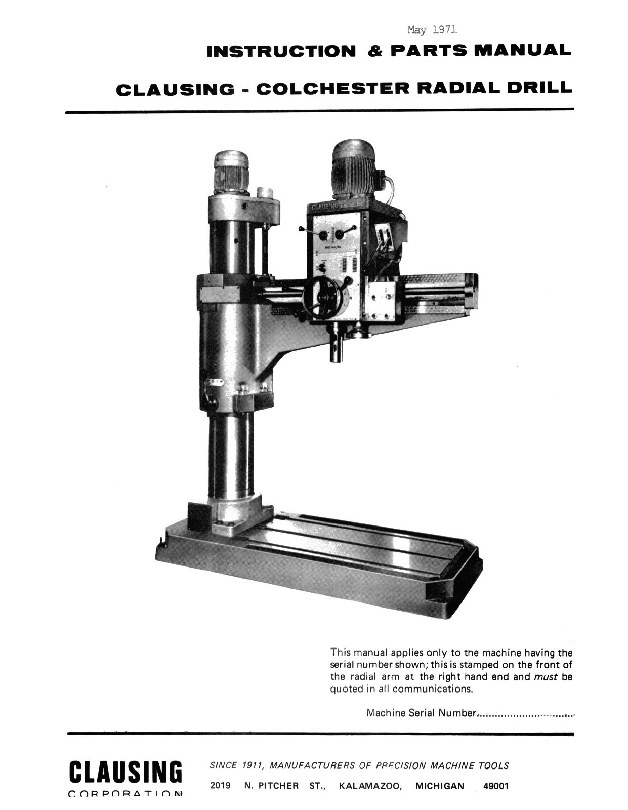 Clausing Colchester 8400 Series Radial Drill Instruction & Parts Manual *1135