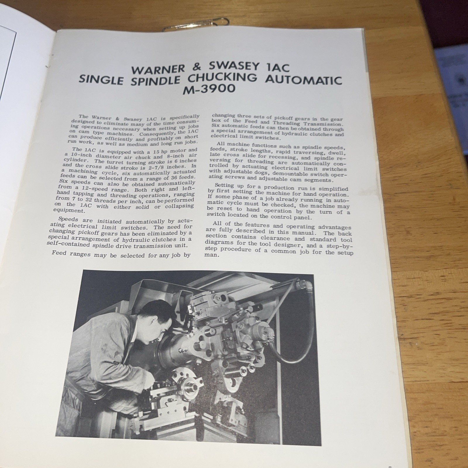 Warner Swasey Operating Instructions 1AC M-3900 Single SpindleChucking Automatic