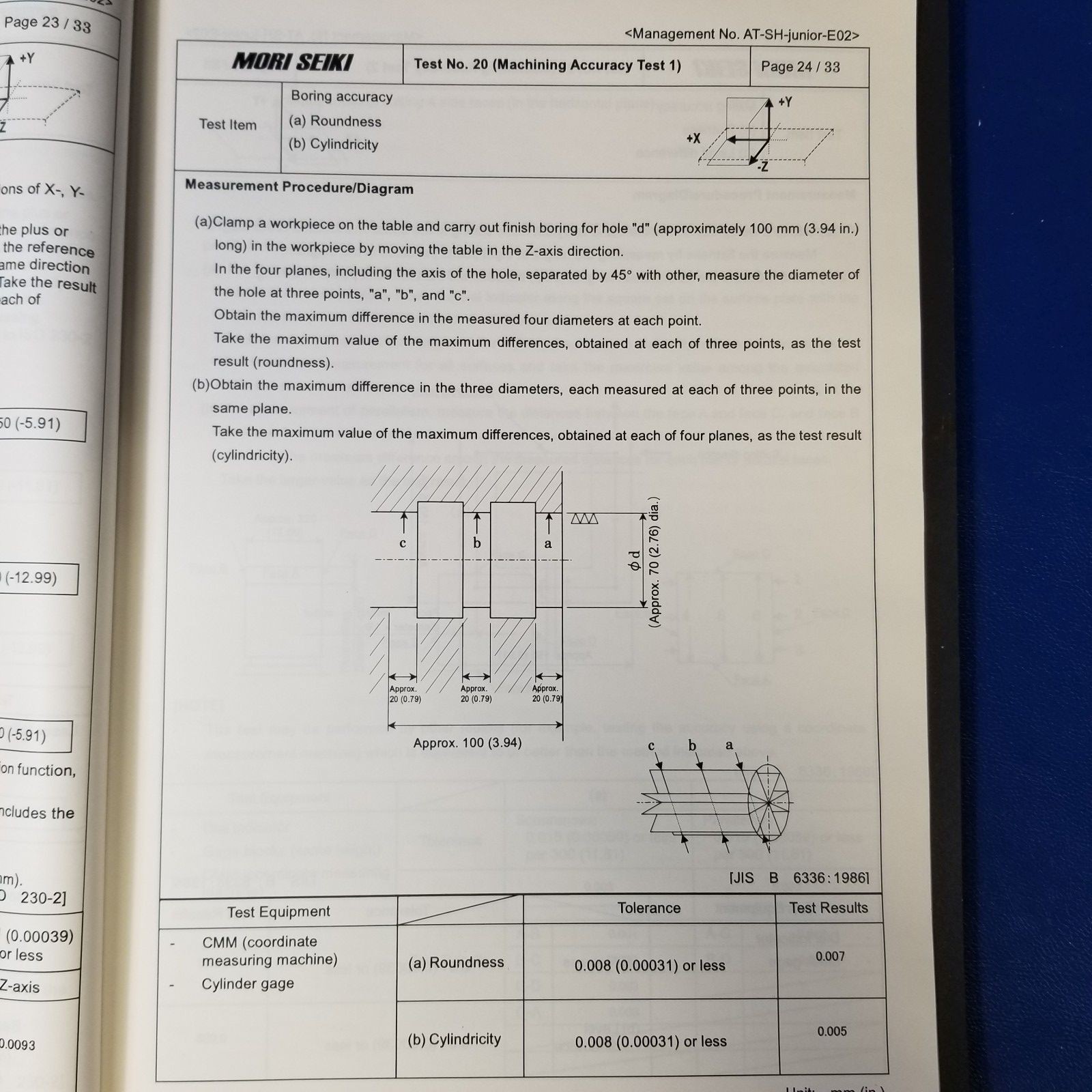 Mori Seiki SH-JR Accuracy Test Results Manual Model SH-JRCD0107 2003 Full Conten