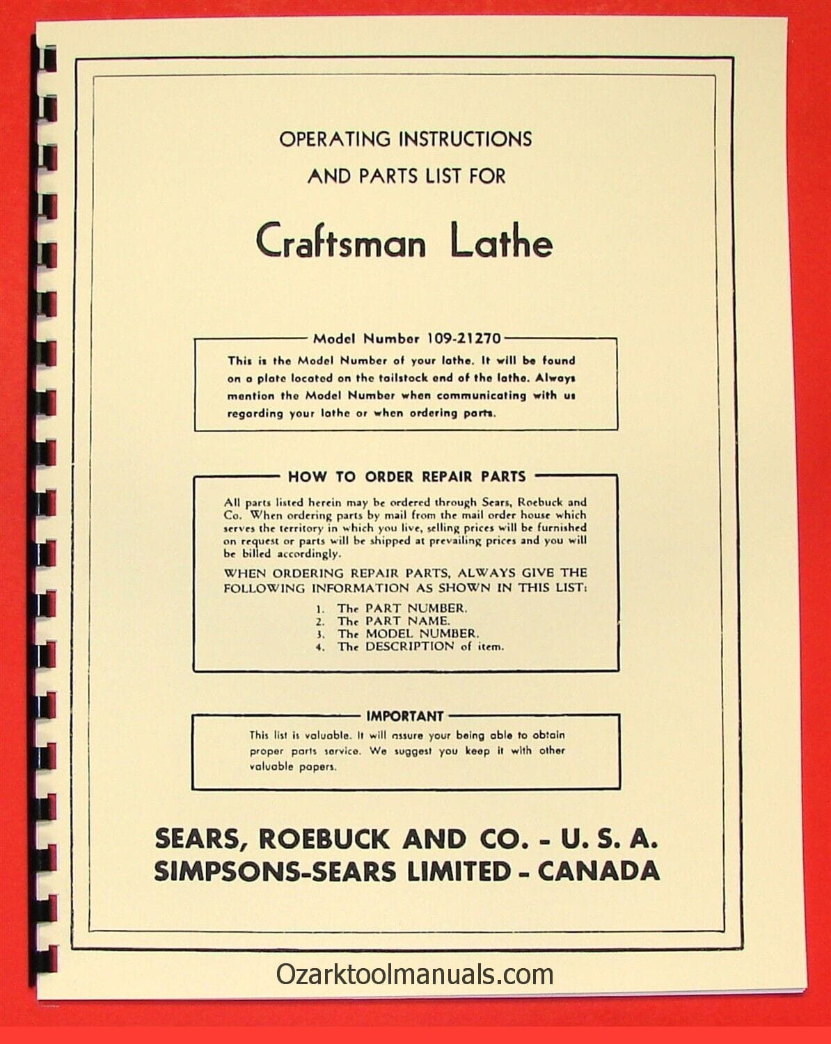 CRAFTSMAN-Dunlap 6″ Metal Lathe 109.21270 Operator & Part Manual 0173