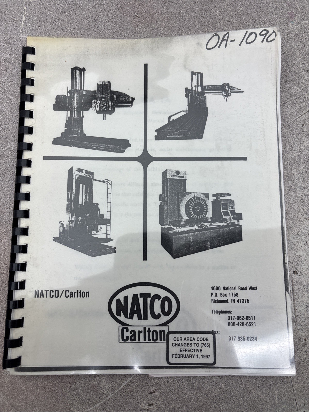 NATCO Carlton OA-1A Radial Arm Drill Parts Catalog Operator Maintenance Manual