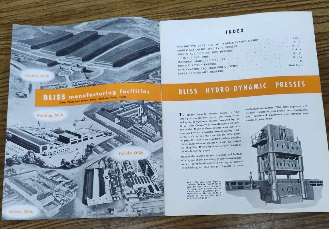 E.W. Bliss Co. Hydo-Dynamic Presses Machine Catalog Brochure Vtg Industrial