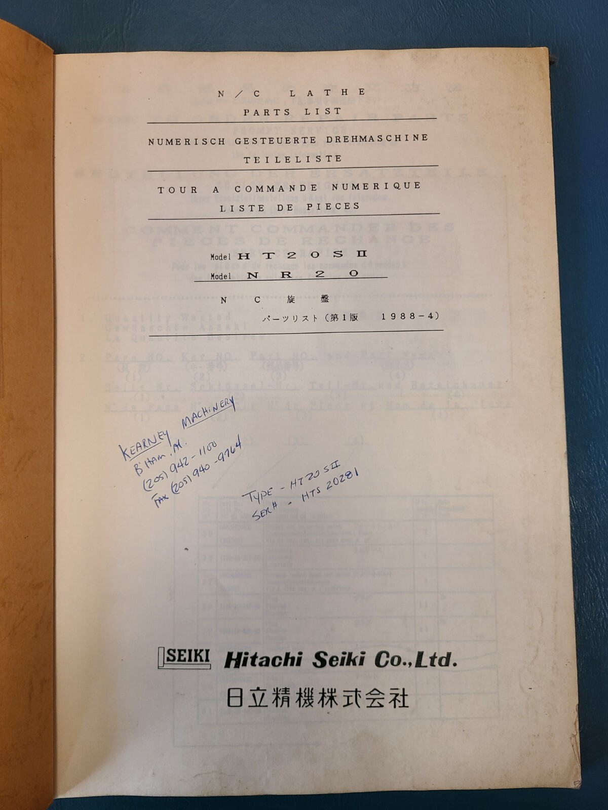 Hitachi Seiki N/C Lathe Parts List HT20SII NR20 Model ORIGINAL