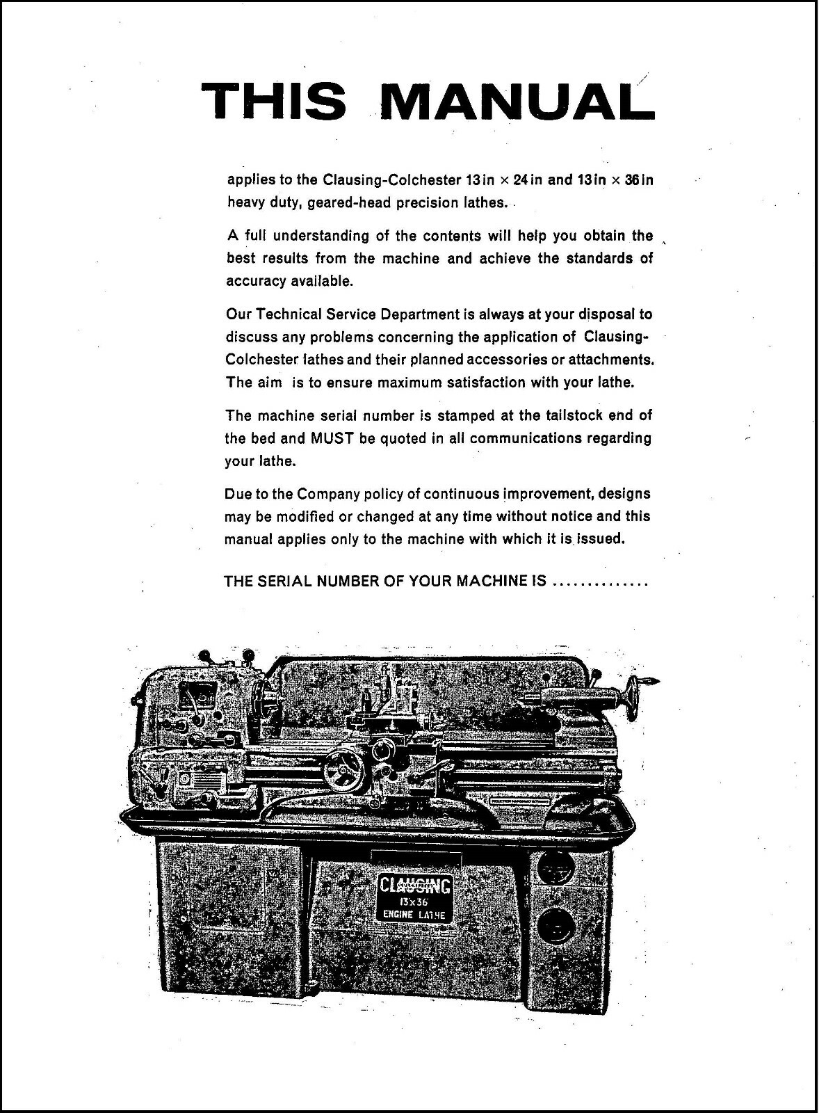 INSTRUCTI & PARTS MANUAL Clausing-Colchester 6500 SERIES LATHES 3 X 24 & 13 X 36