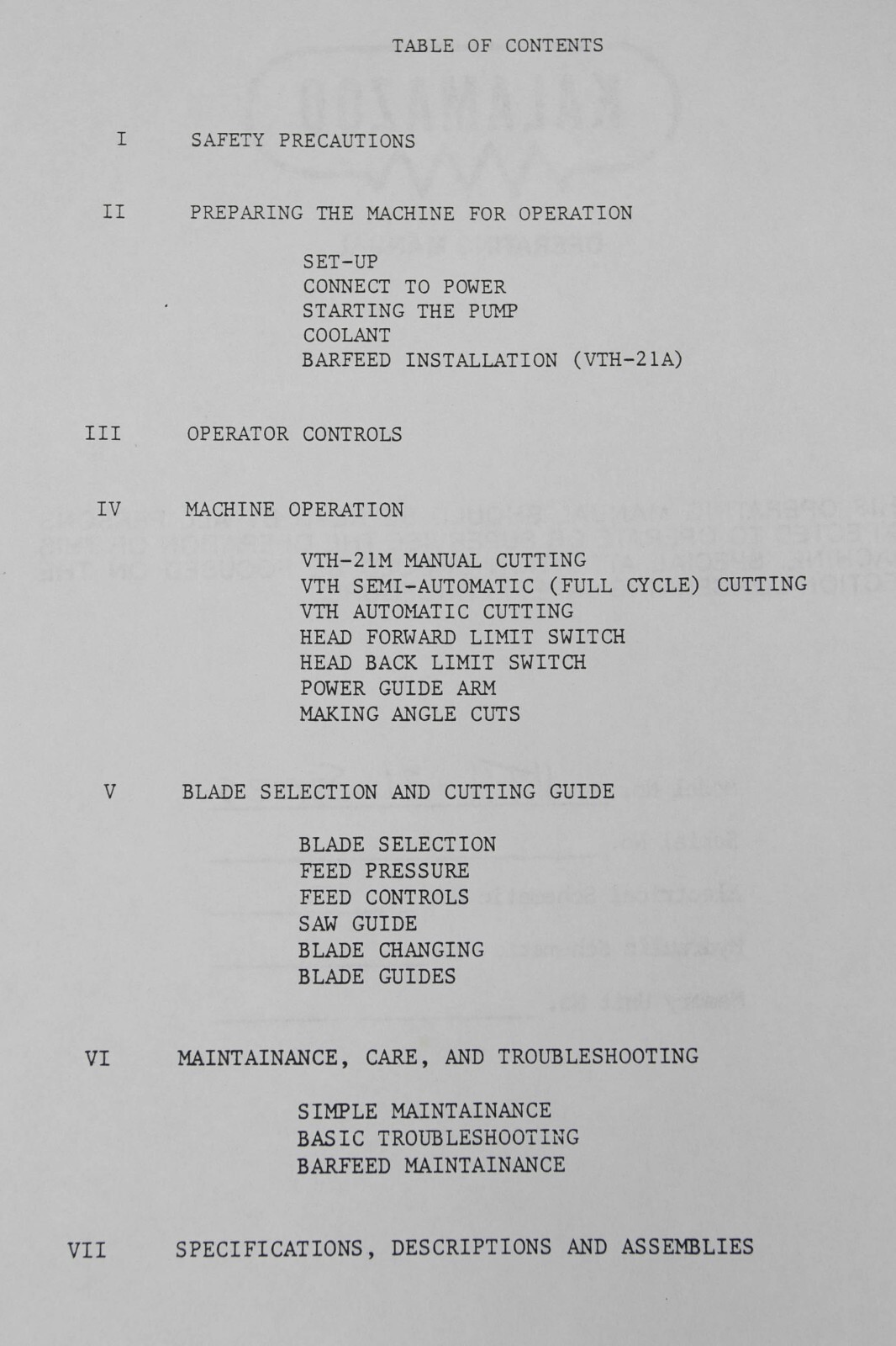 Kalamazoo Clausing VTH-21 Tilt Band Saw Operations, Program & Maintenance Manual