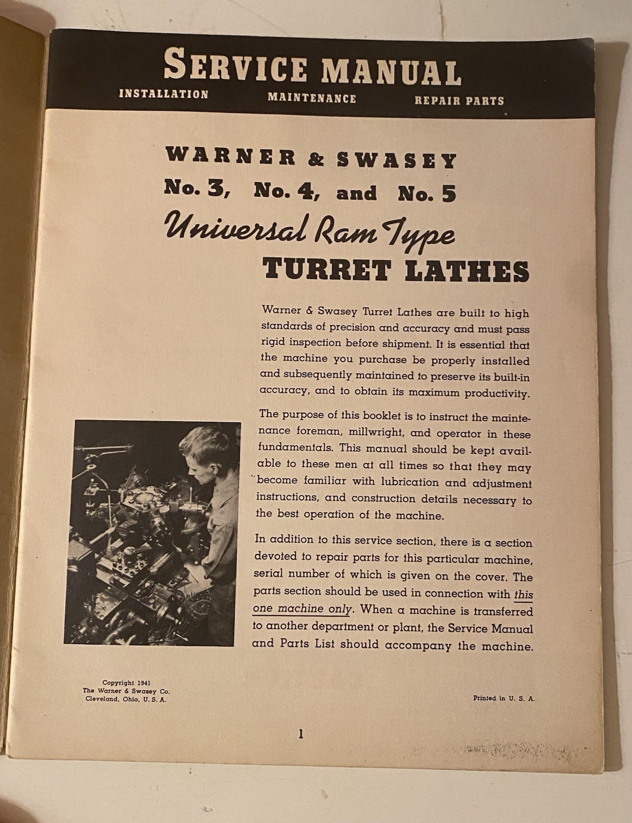 Know Your Turret Lathe (1941) Warner & Swasey Co. Vintage Manual Book RAM Type