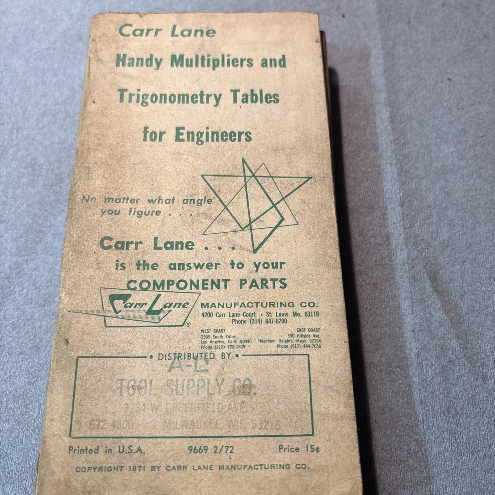 Vintage Carr Lane Handy Multipliers And Trigonometry Tables For Engineers