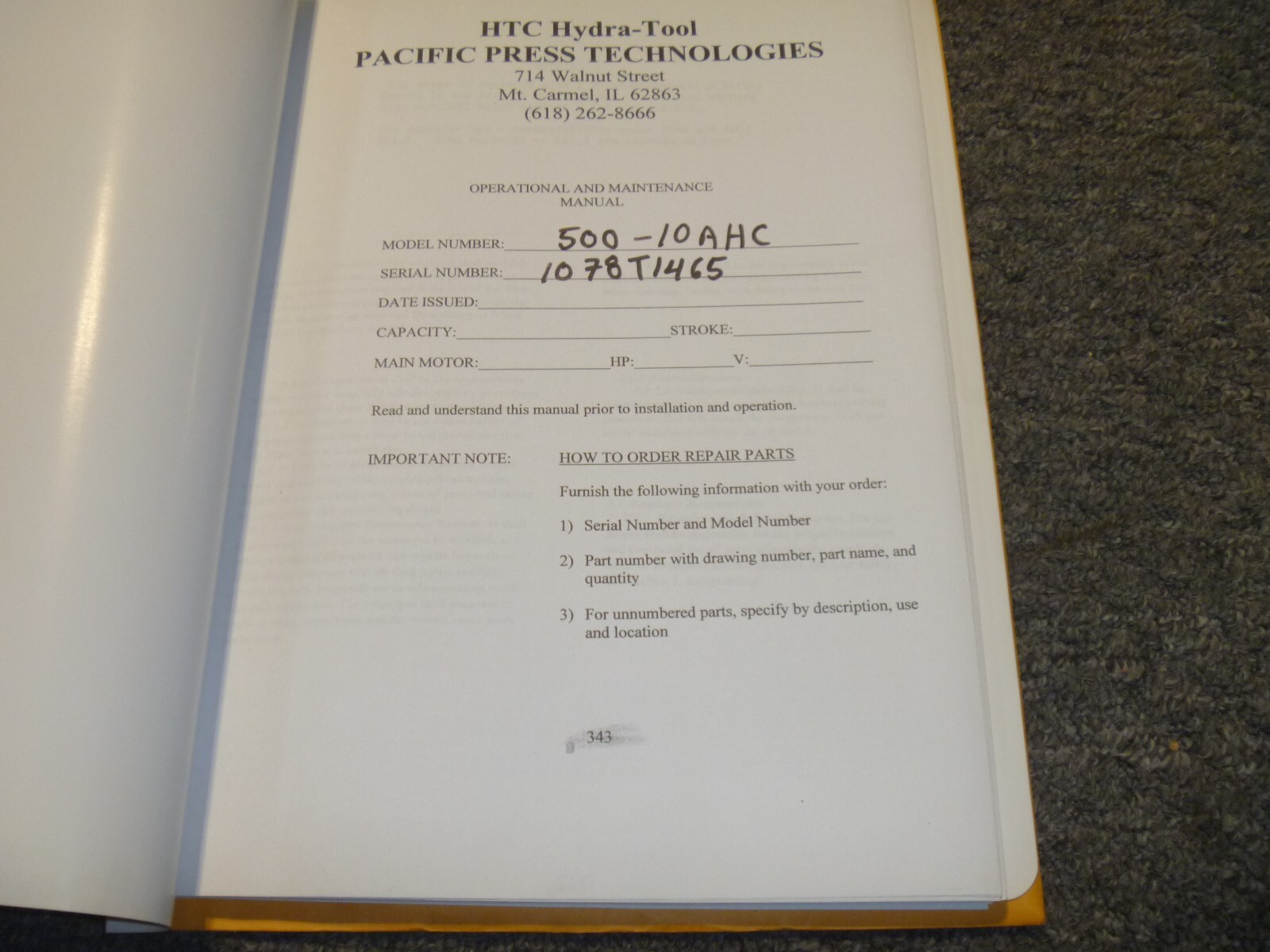 Pacific Press HTC Hydra-Tool 500-10AHC Shear Operator & Maintenance Manual