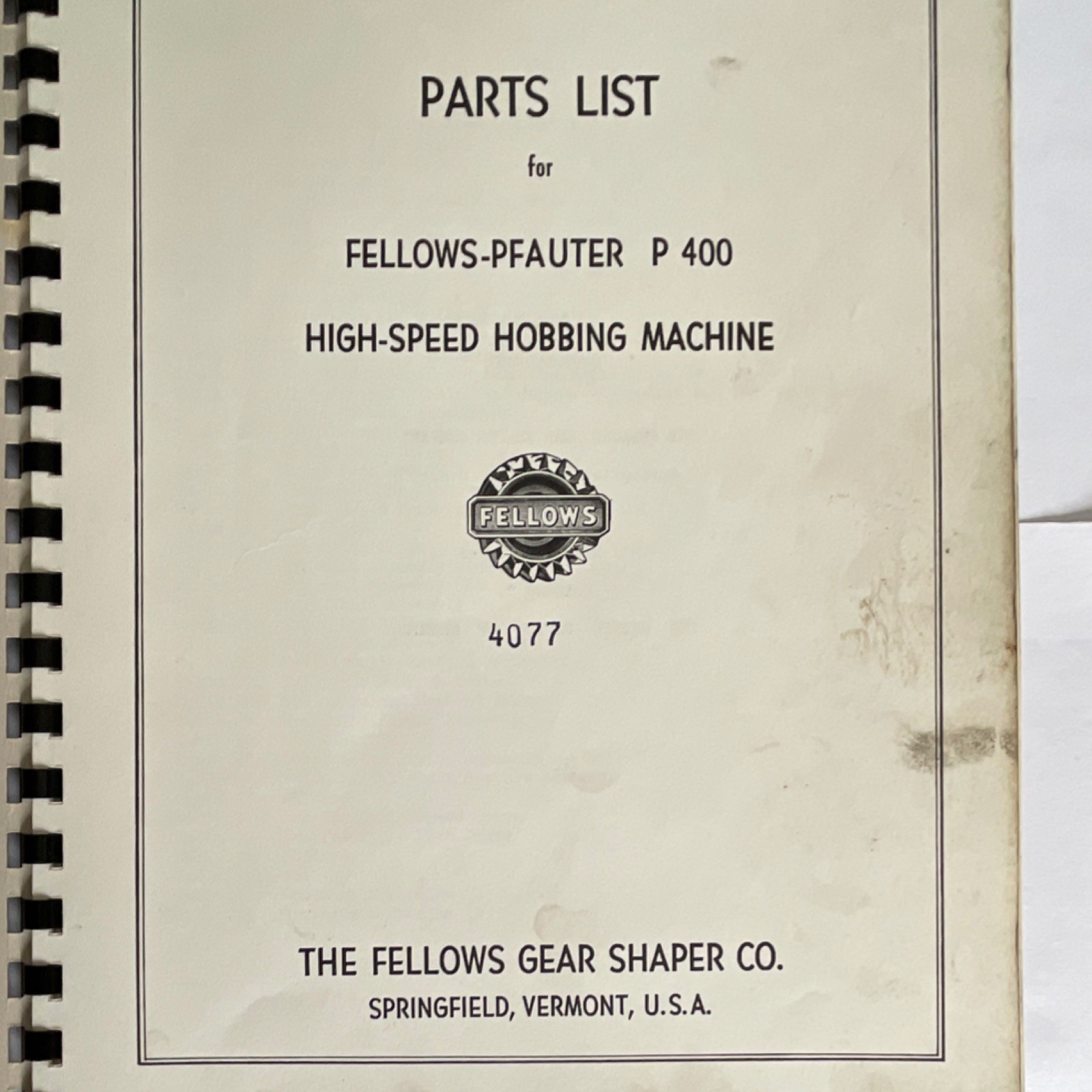 Fellows P 400 Hobbing Machine Manual Parts List 4077