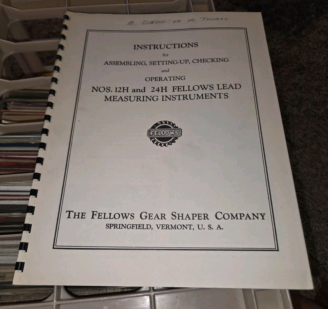 FELLOWS GEAR SHAPER CO INSTRUCTIONS MANUAL 12H 24H LEAD MEASURING INSTRUMENTS
