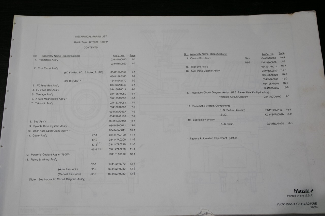 Mazak CNC Lathe Mechanical Parts List Quick Turn QTN-20 11″ x 17″ Format