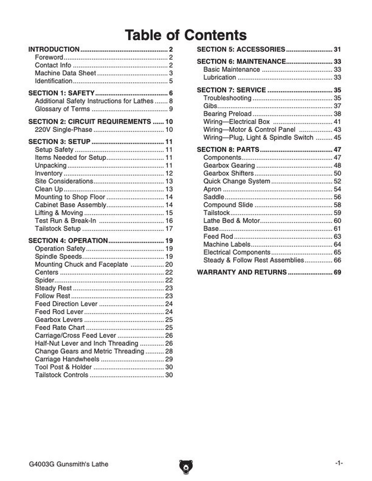 Owner’s Manual & Operating Instructions Grizzly Gunsmith’s Lathe – Model G4003G