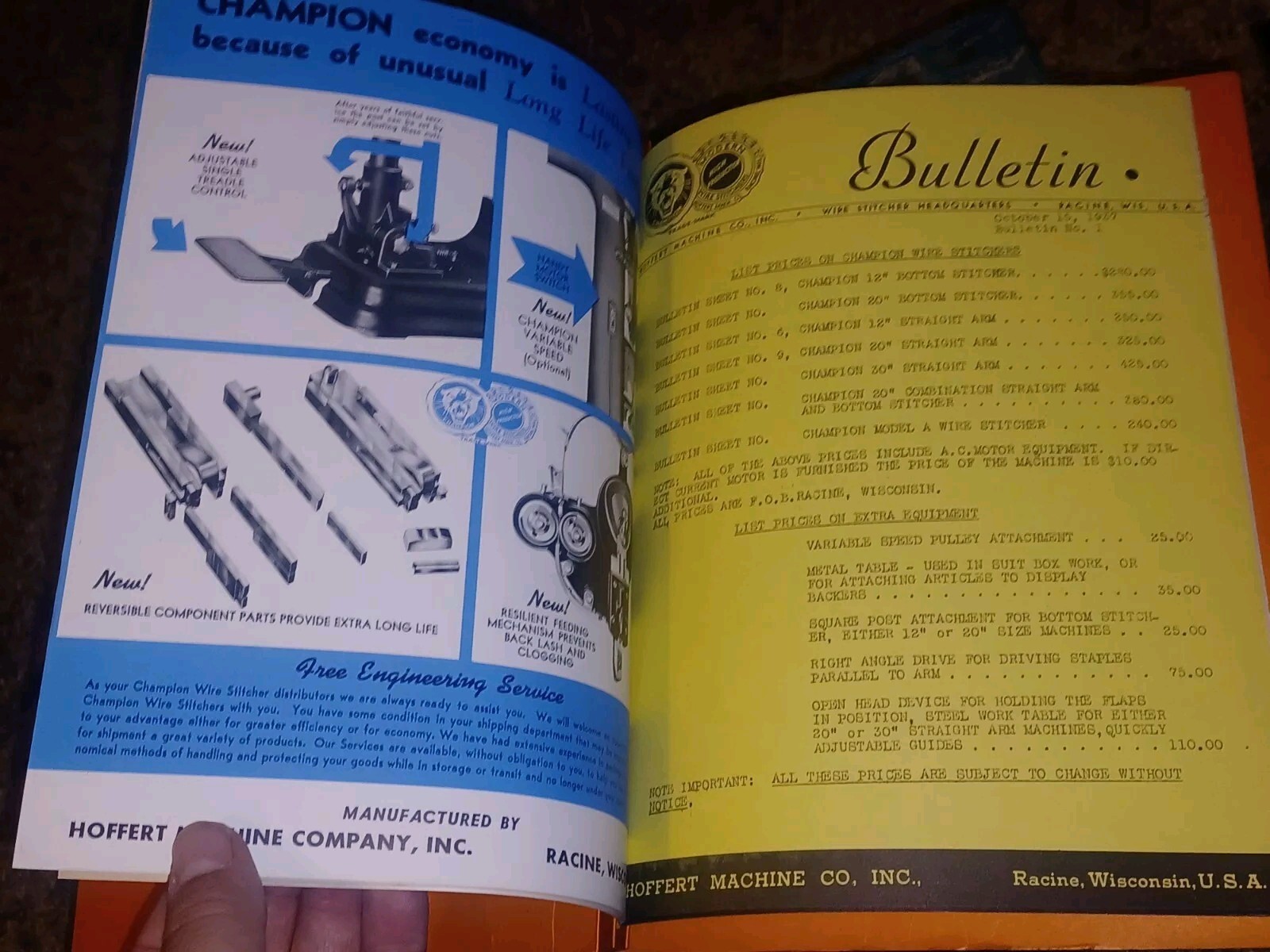 1946 CHAMPION WIRE STITCHERS HIGH PRODUCTION MACHINES FLYER LOT CATALOG BOOK VTG