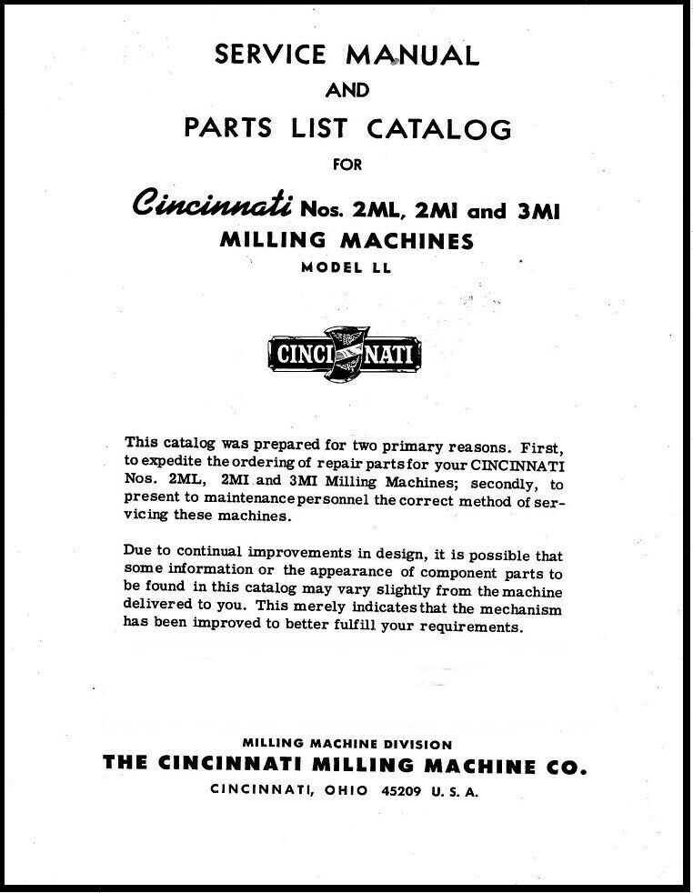 Parts Manual Fits Cincinnati No. 2ML, 2MI & 3MI Milling Machine