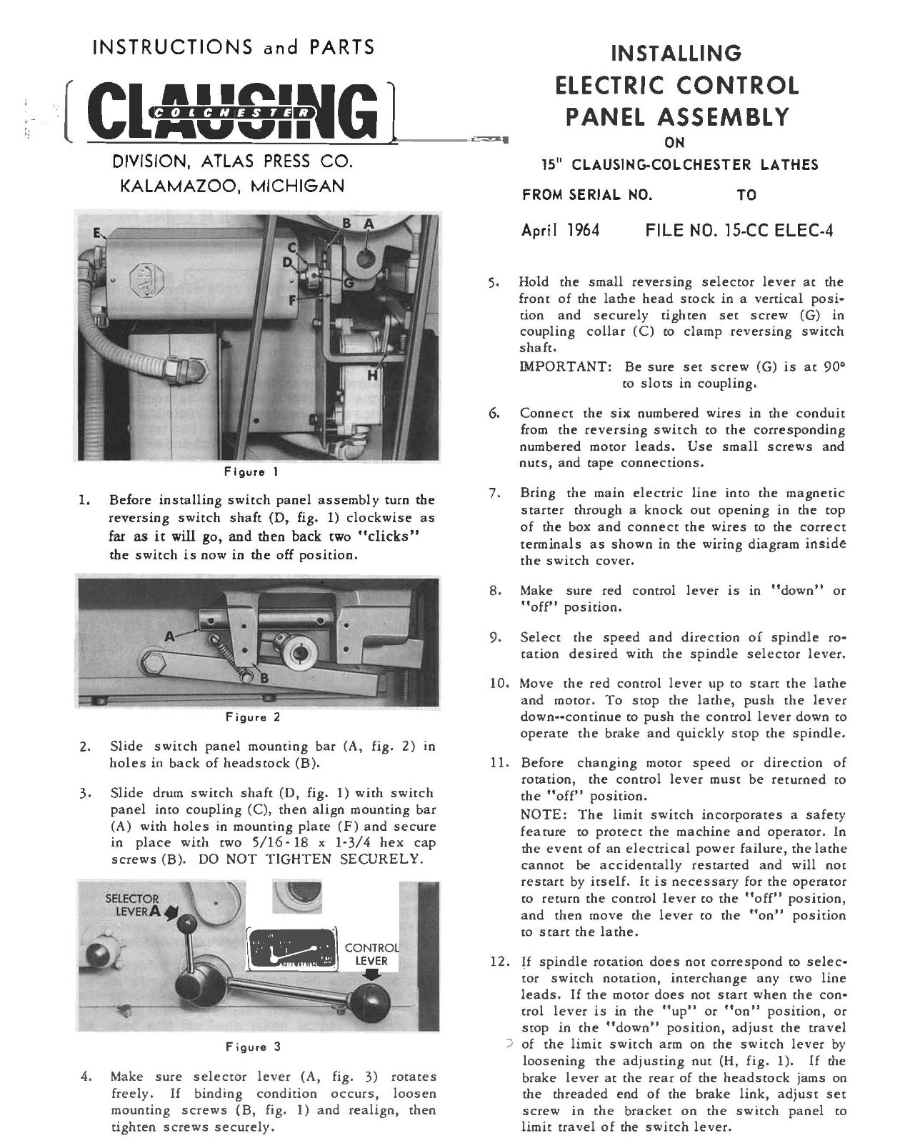 LATHE INSTRUCTION & PARTS MANUAL FITS Clausing-Colchester 15 X 30 & 15 X 48