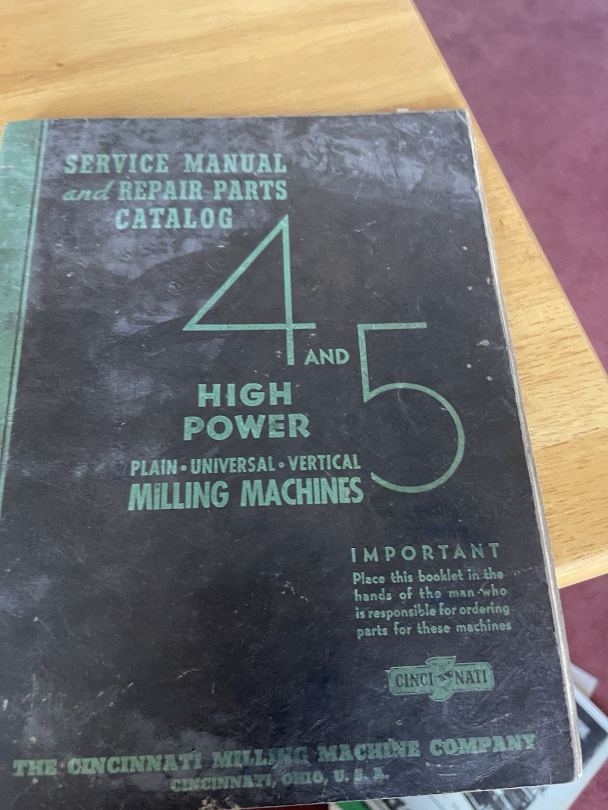 Cincinnati Milling Machine Company Service Manual Repair Parts Catalog
