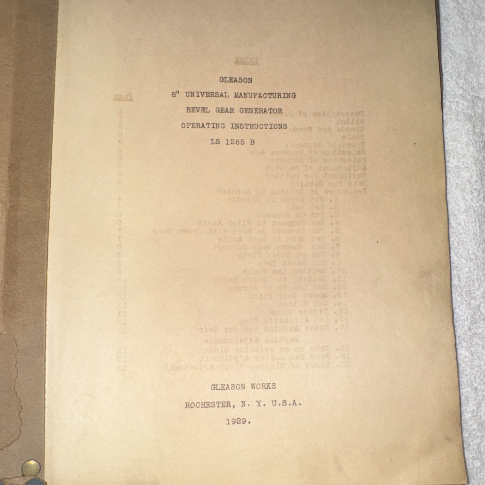 1929 Gleason Straight Bevel Gear Generator Operating Instructions Manual