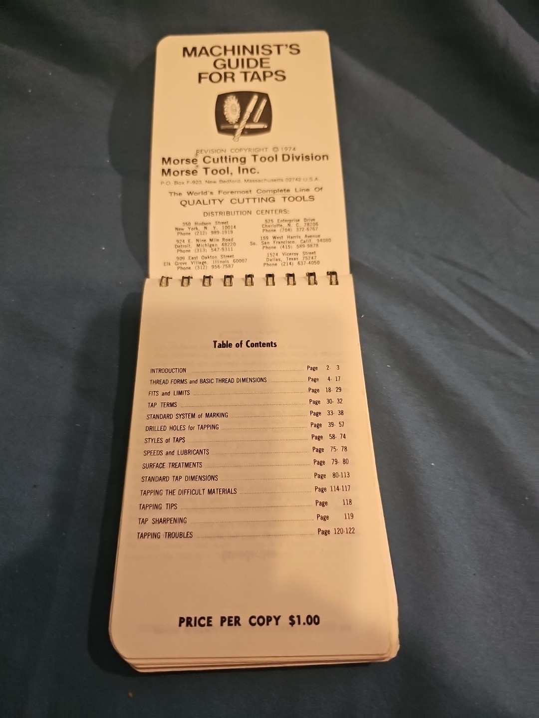 Vintage 1974 Morse Machinist’s Guide for Taps, Reference – Spiral Pocket Notepad