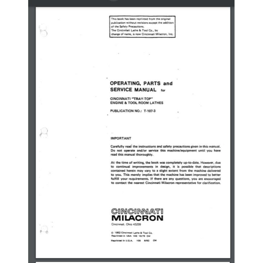 Cincinati Operating, Parts, and Service Manual for Tray-Top Lathe 80 pages 1952