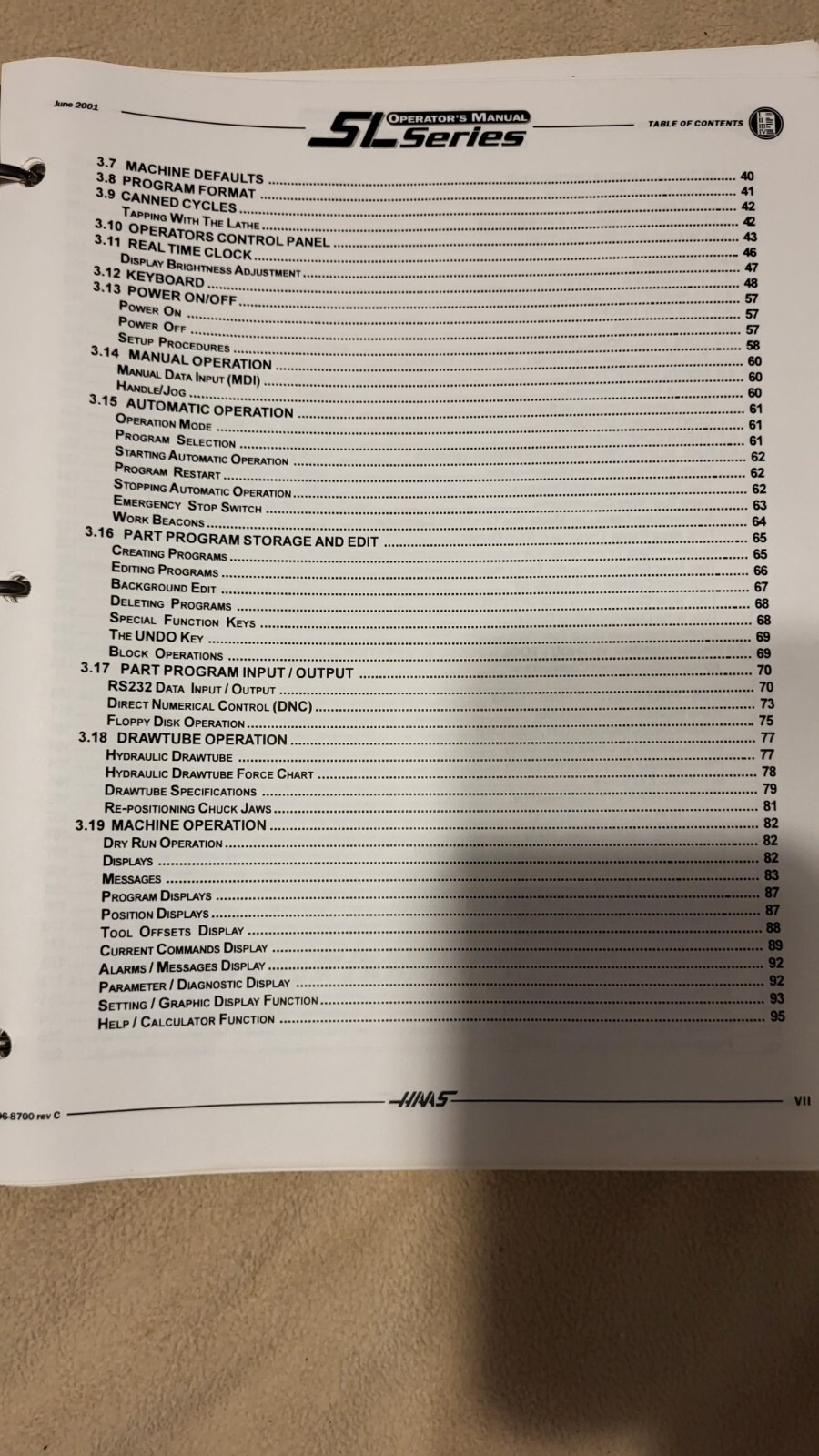 HAAS CNC LATHE SL 10 20 30 40 Series Programming Operations Owners Manual Book