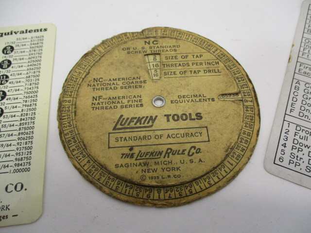 (3) Machinist Helps LUFKIN Tap Gage 1956 Calendar Equivalents Calculator VG