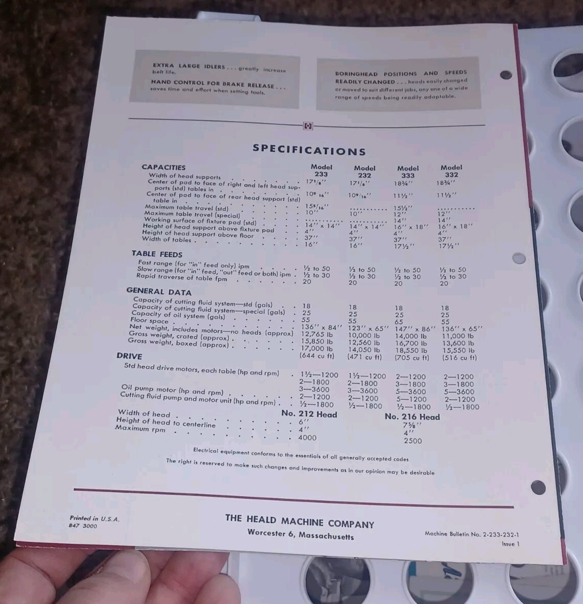 HEALD COMPANY Catalog MODELS 233 333 232 BORE-MATIC PRECISION FINISHING MACHINES