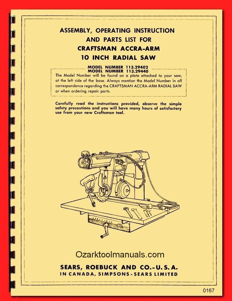 CRAFTSMAN 10″ Radial Arm Saw 113.29402 & 113.29440 Operator Parts Manual 0167