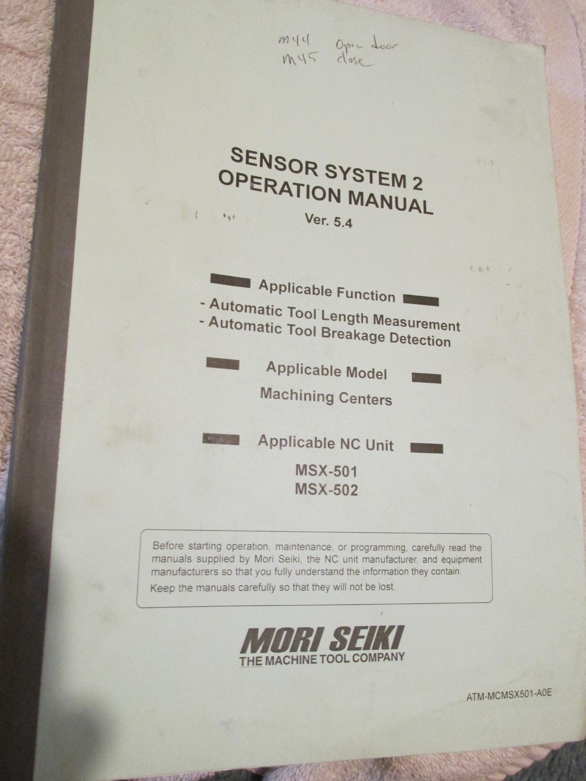 Mori Seiki MSX-501 502 Version 5.4 CNC Machine Sensor OPERATION Manual Factory