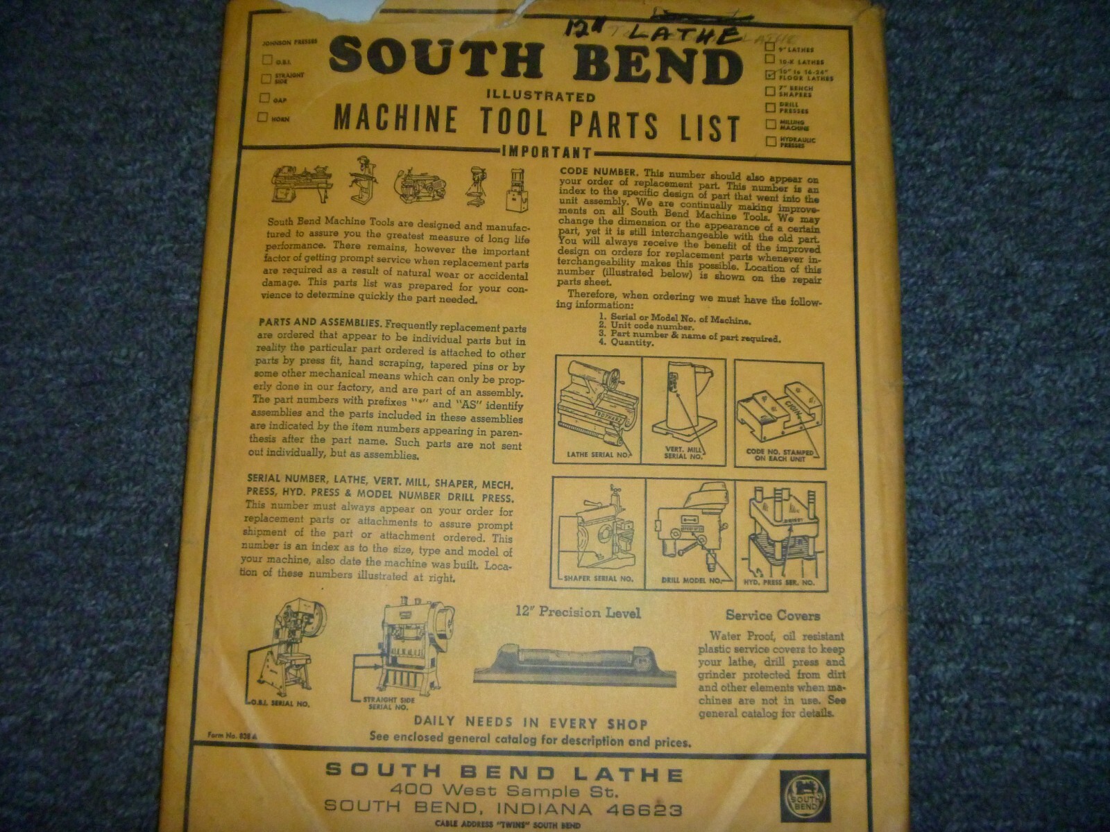 South Bend 12″ Lathe Replacement Parts Catalog Manual List W/ Illustrations xz
