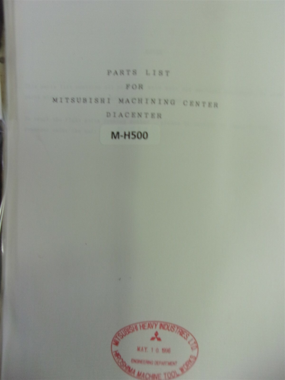 Mitsubishi Machining Center Diacenter M-H500 Parts List *FREE SHIPPING*
