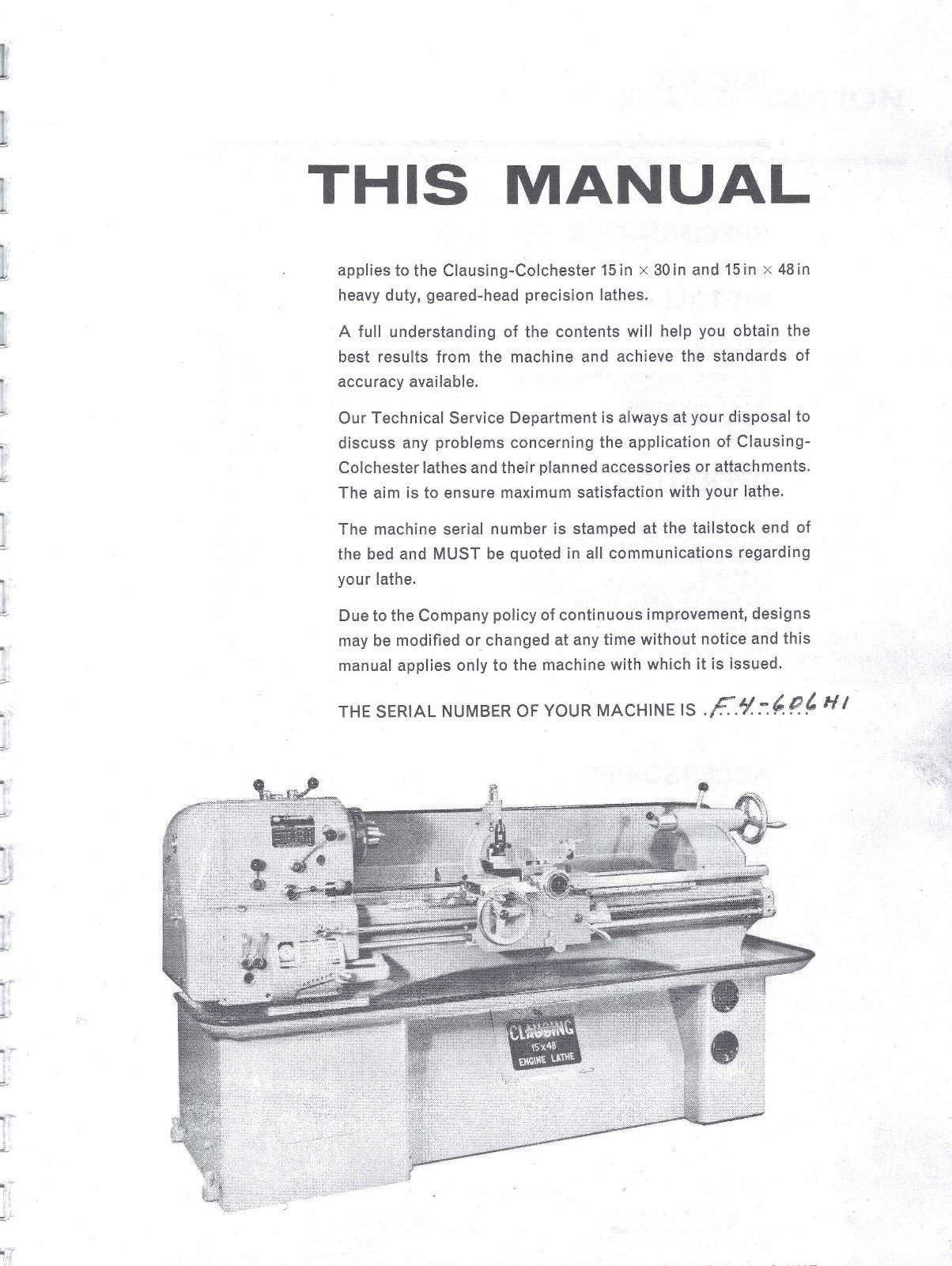 Operator Instruction Manual Fits Colchester 15′ Lathe