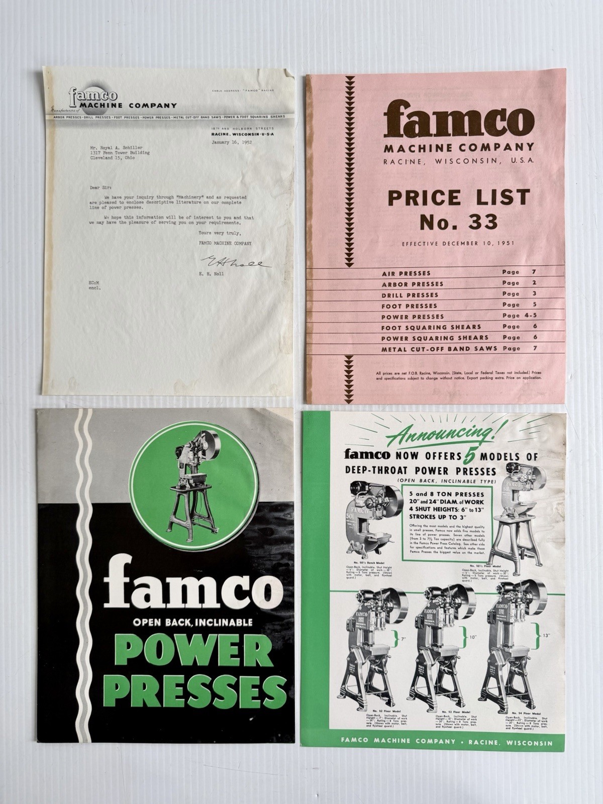 Lot Vtg 1952 Famco Machine Co. Power Press Brochure, Price List, Letterhead Etc