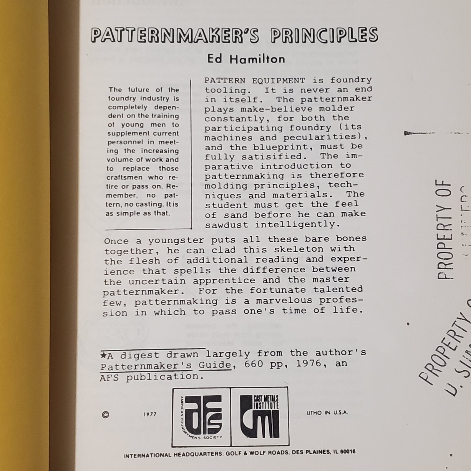 Patternmaker’s Principles Manual AFS Cast Metals Institute Ed Hamilton Foundry