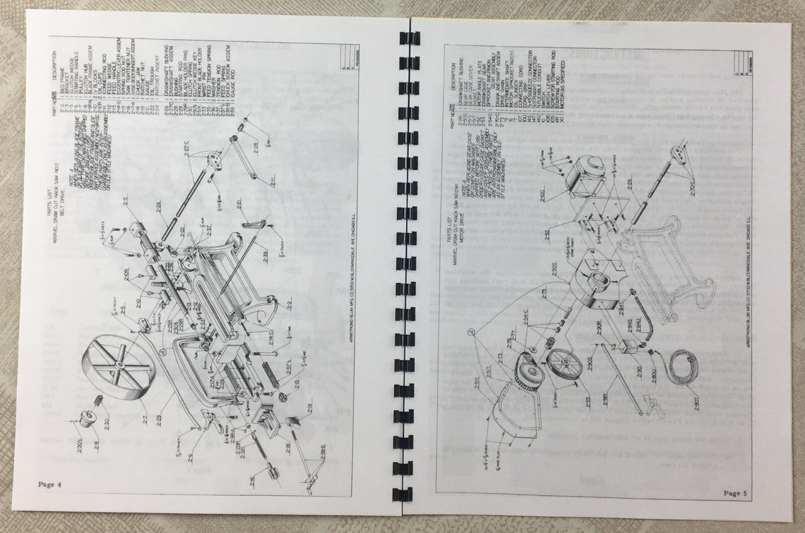 Marvel B No 2 Draw Cut Hack Saw Parts Catalog and Instructions Manual
