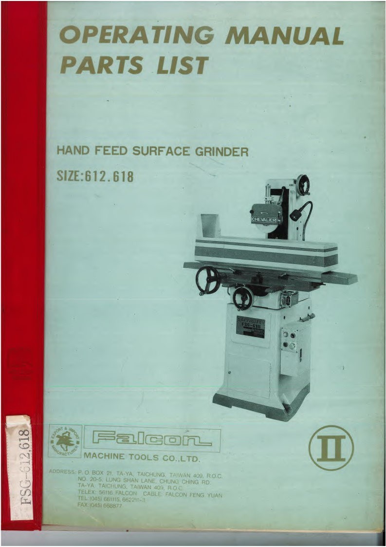 Chevalier FSG 612 and 618 Falcon, Grinder Operations and Parts List Manual
