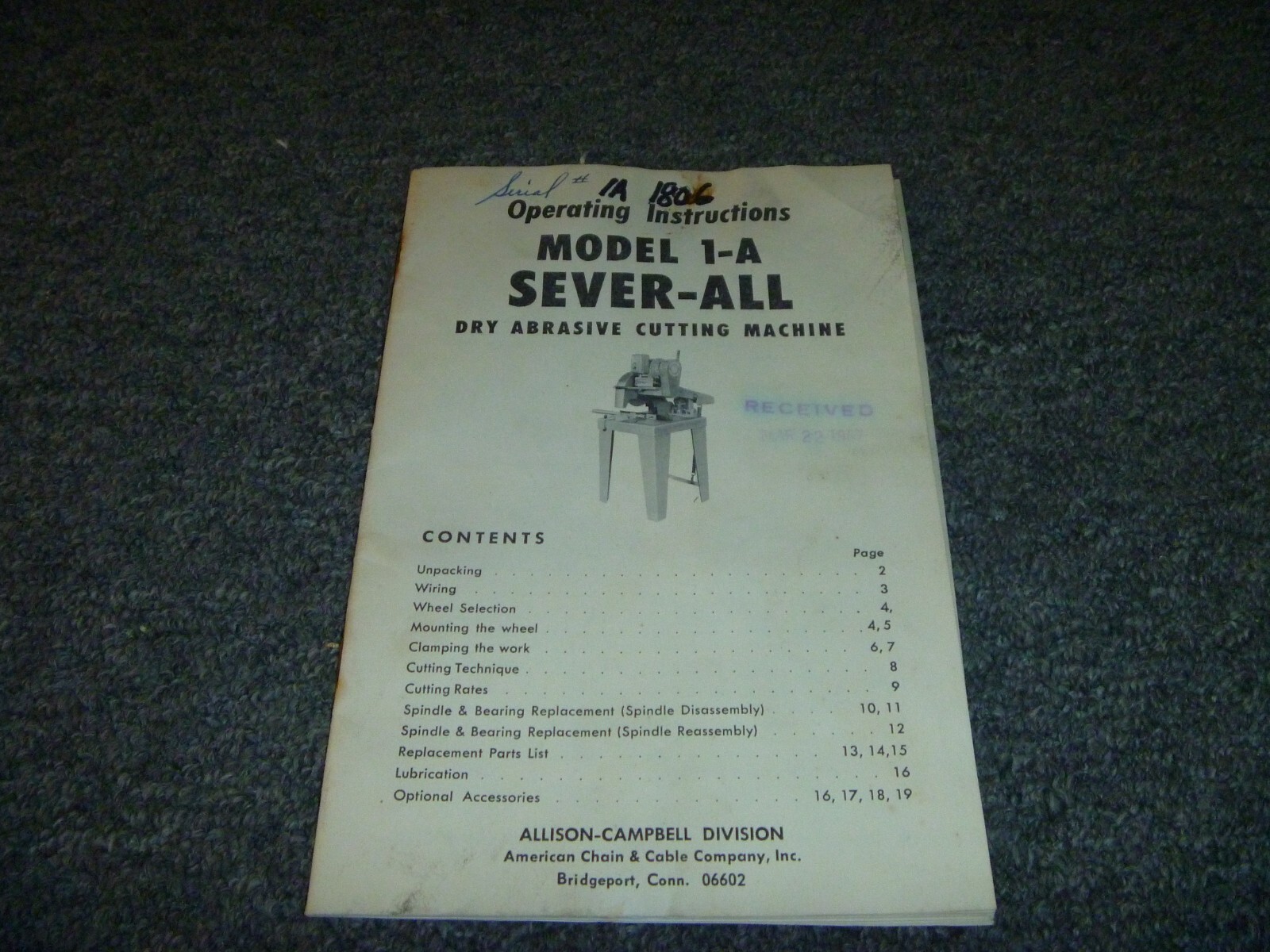 Allison-Campbell 1-A Sever-All Dry Abrasive Cutting Saw Owner Operator Manual