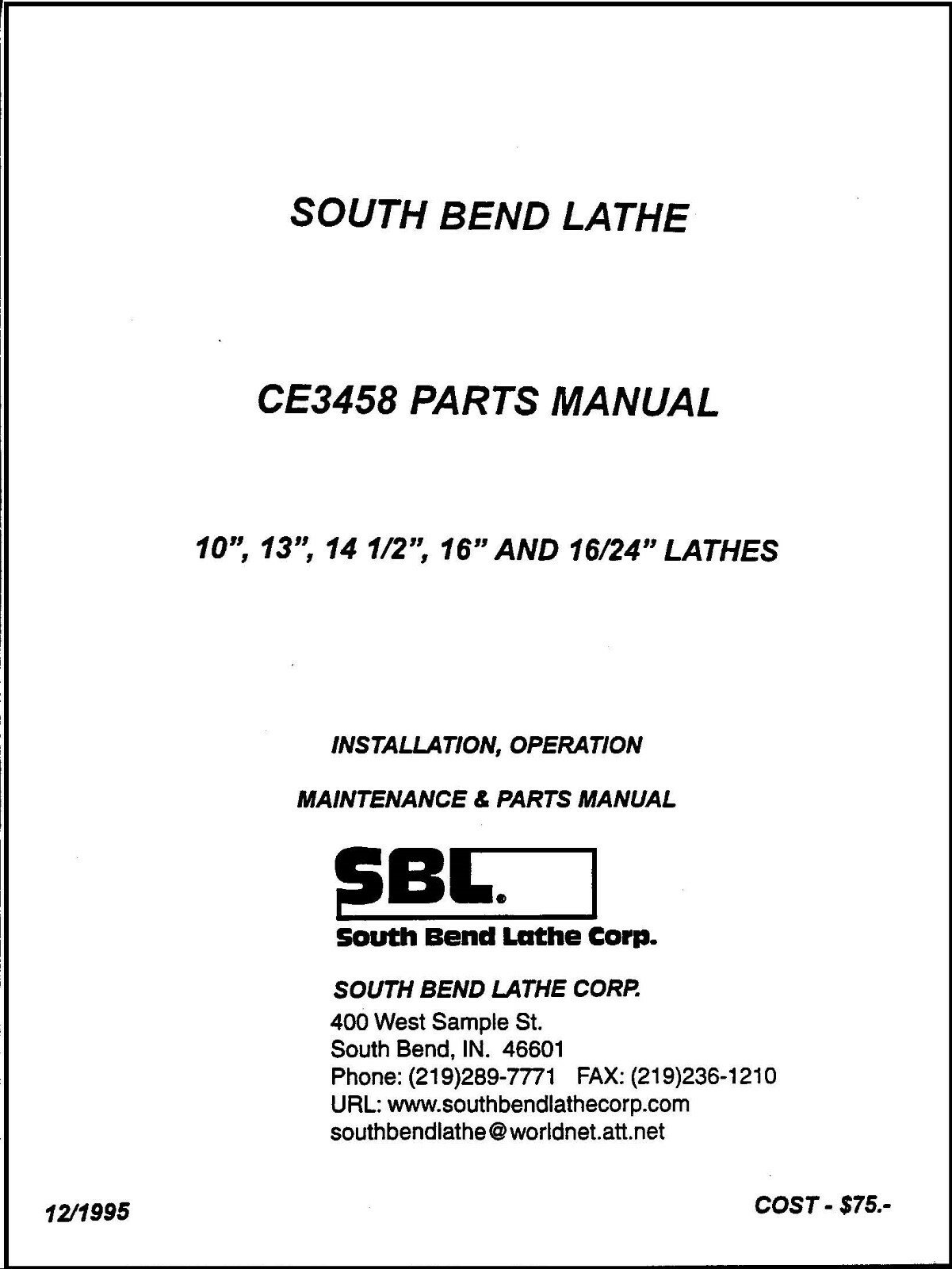 Parts Manual Fits Southbend Lathe 10, 13, 14 1-2, 16, 16-24 CE3458