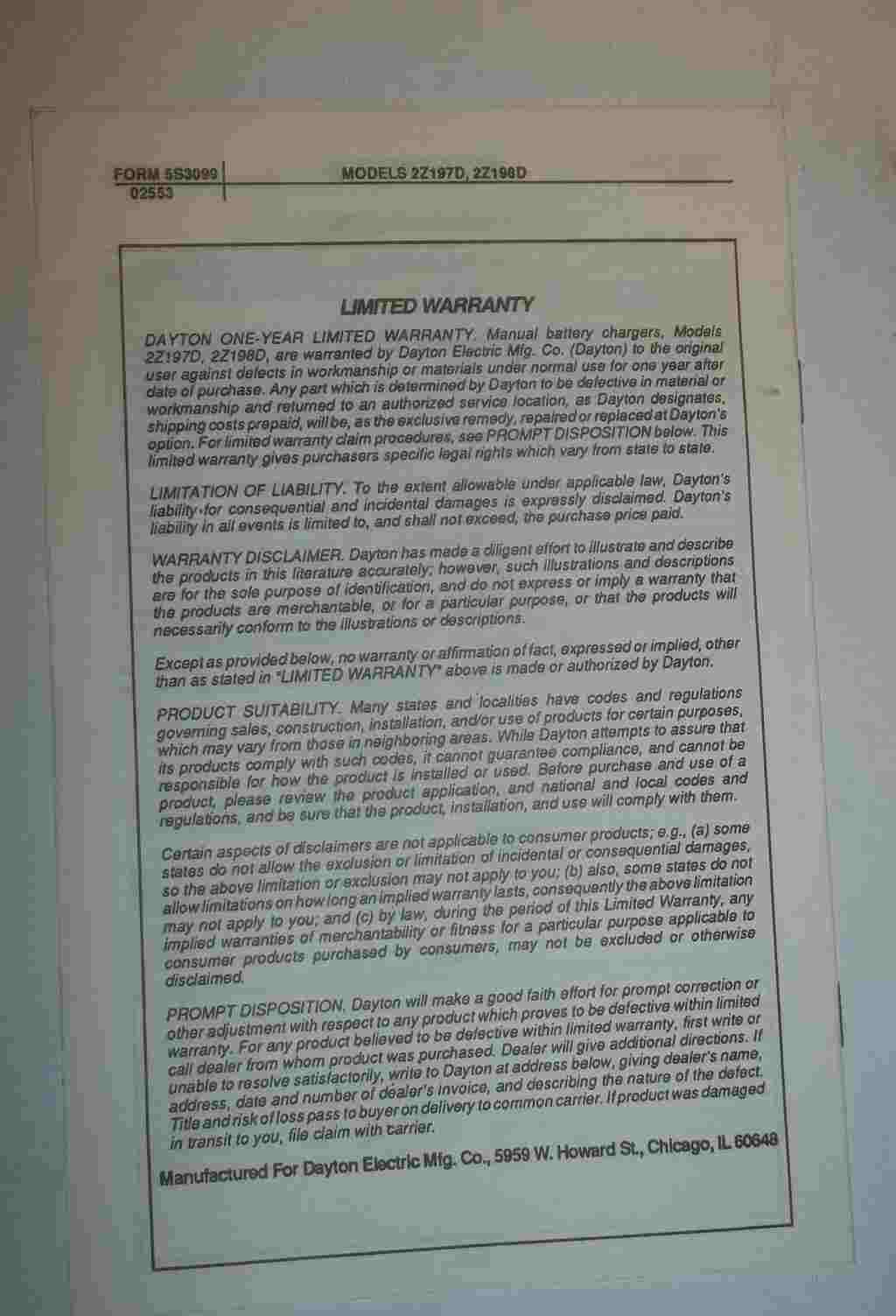 Dayton Manual Charger Operating Instructions Manual- 2Z197D, 2Z198D