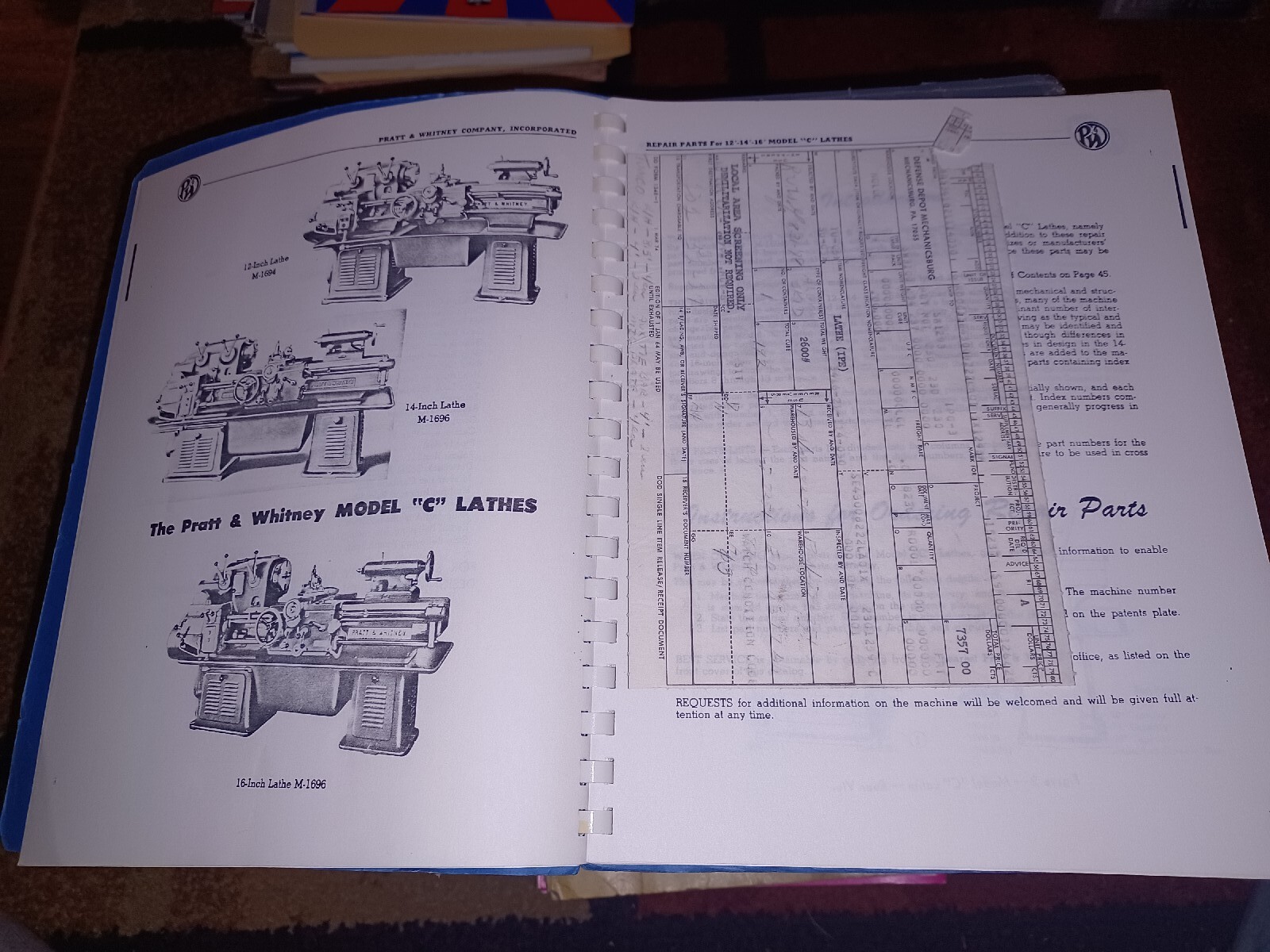 PRATT & WHITNEY Model C Lathe 14″ 16″ Instructions & Operator’s Manual Book