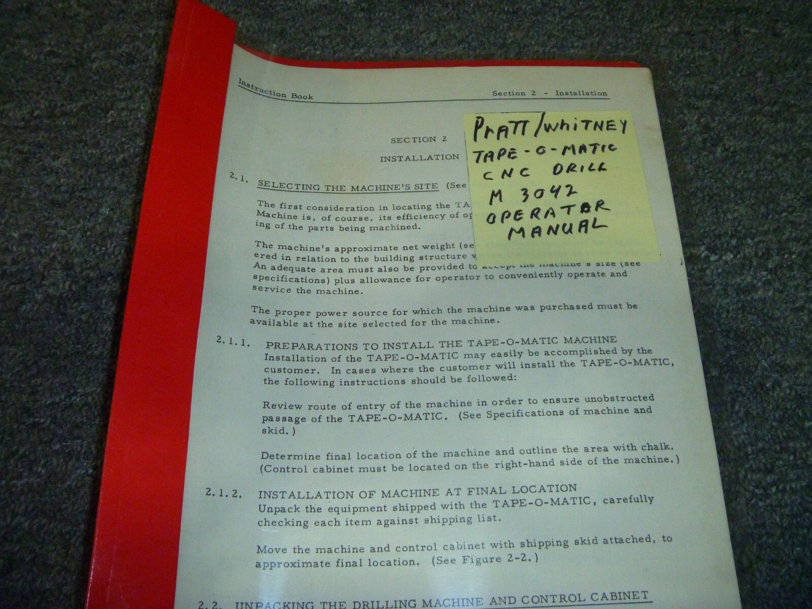 Pratt & Whitney M3042 Tape-O-Matic CNC Drill Owner Operator Manual User Guide