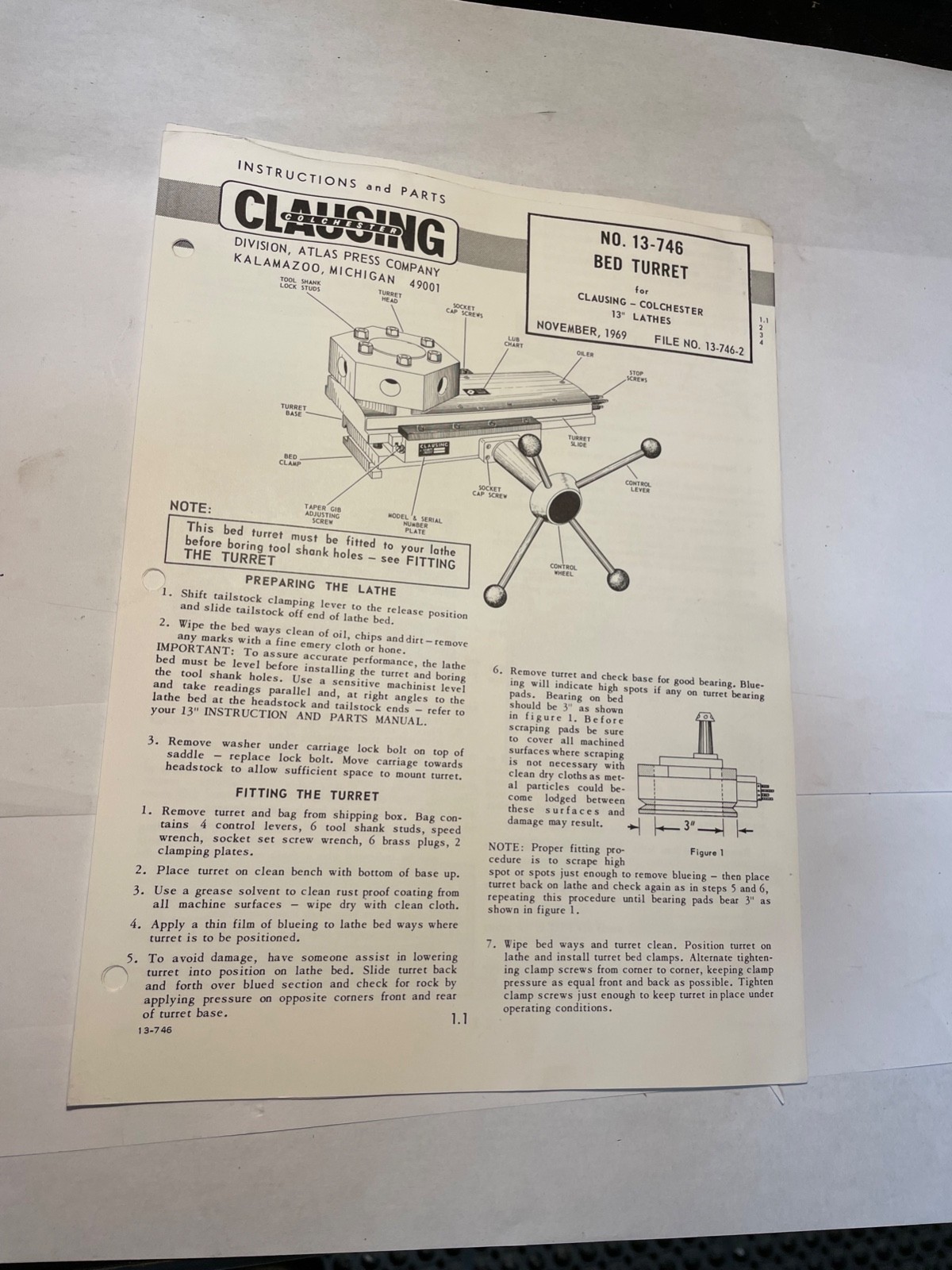 Clausing No. 13-746 Instructions & Parts Bed Turret for Colchester 13″ Lathes