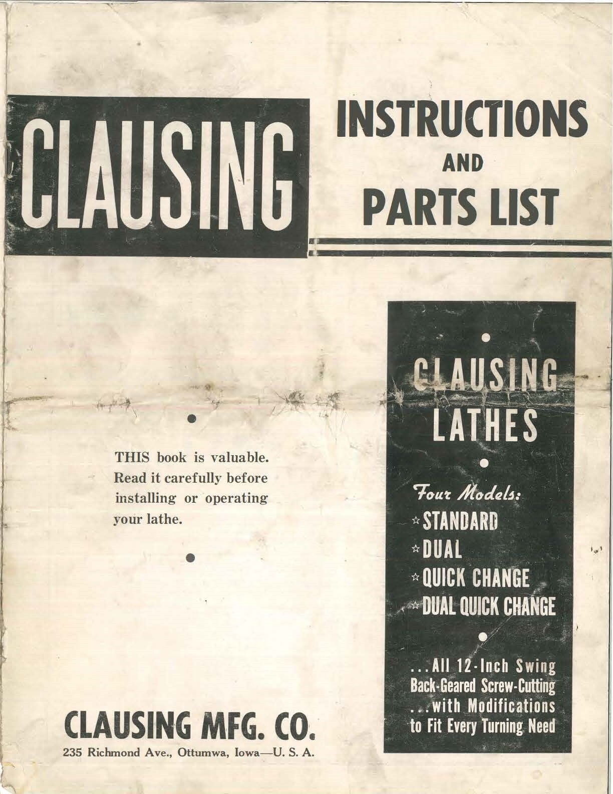 Lathes Instructions & Parts List Manual Fits 100 Series Clausing 12 Inch Mk.3