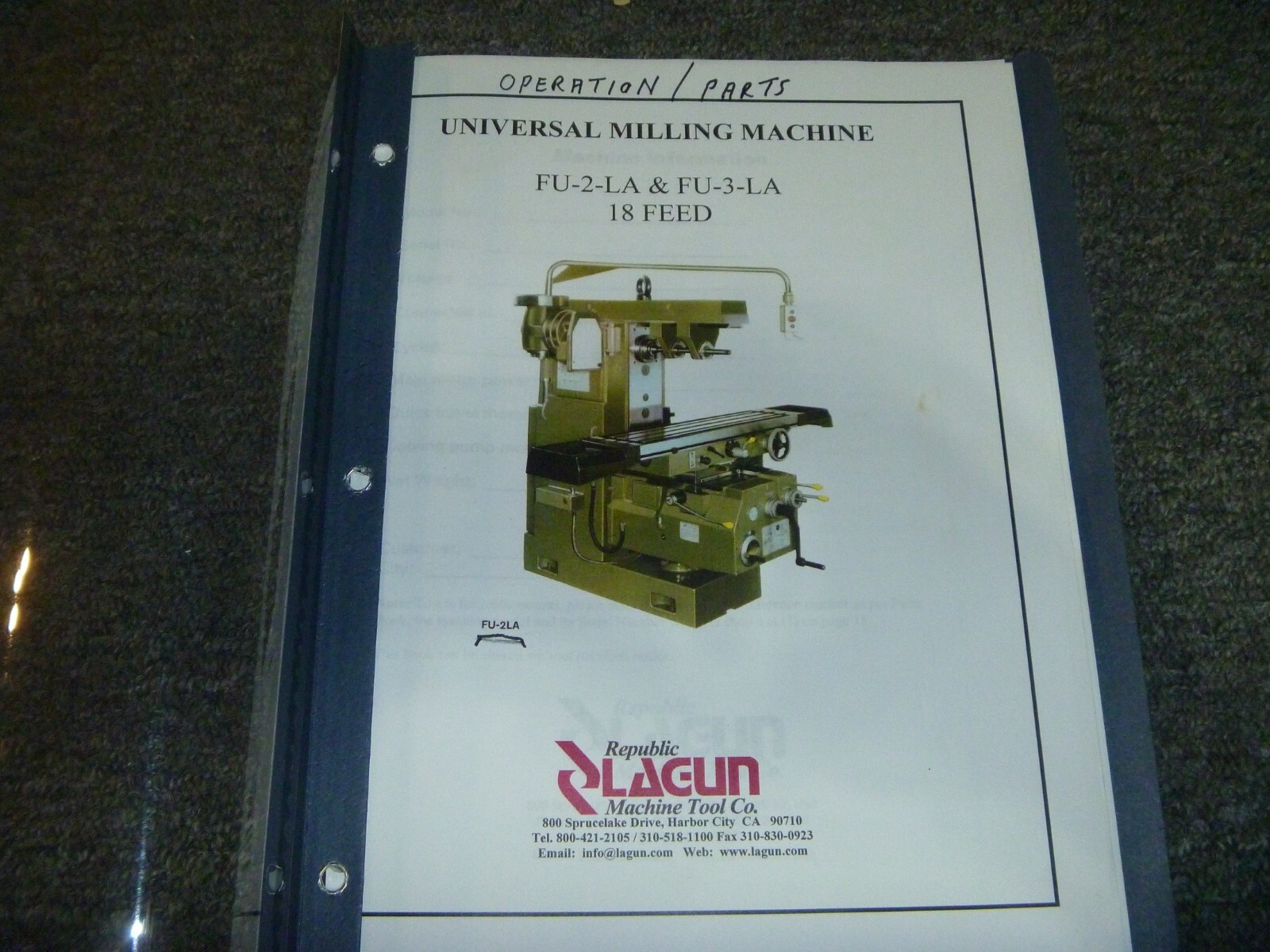 Lagun FU-2-LA & FU-3-LA 18-Feed Milling Machine Parts Catalog & Operator Manual