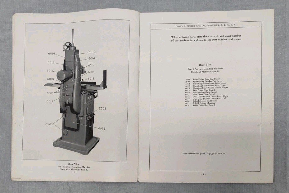 Brown & Sharpe Co. No. 2 & 2B Surface Grinding Repair Parts Manual Vintage