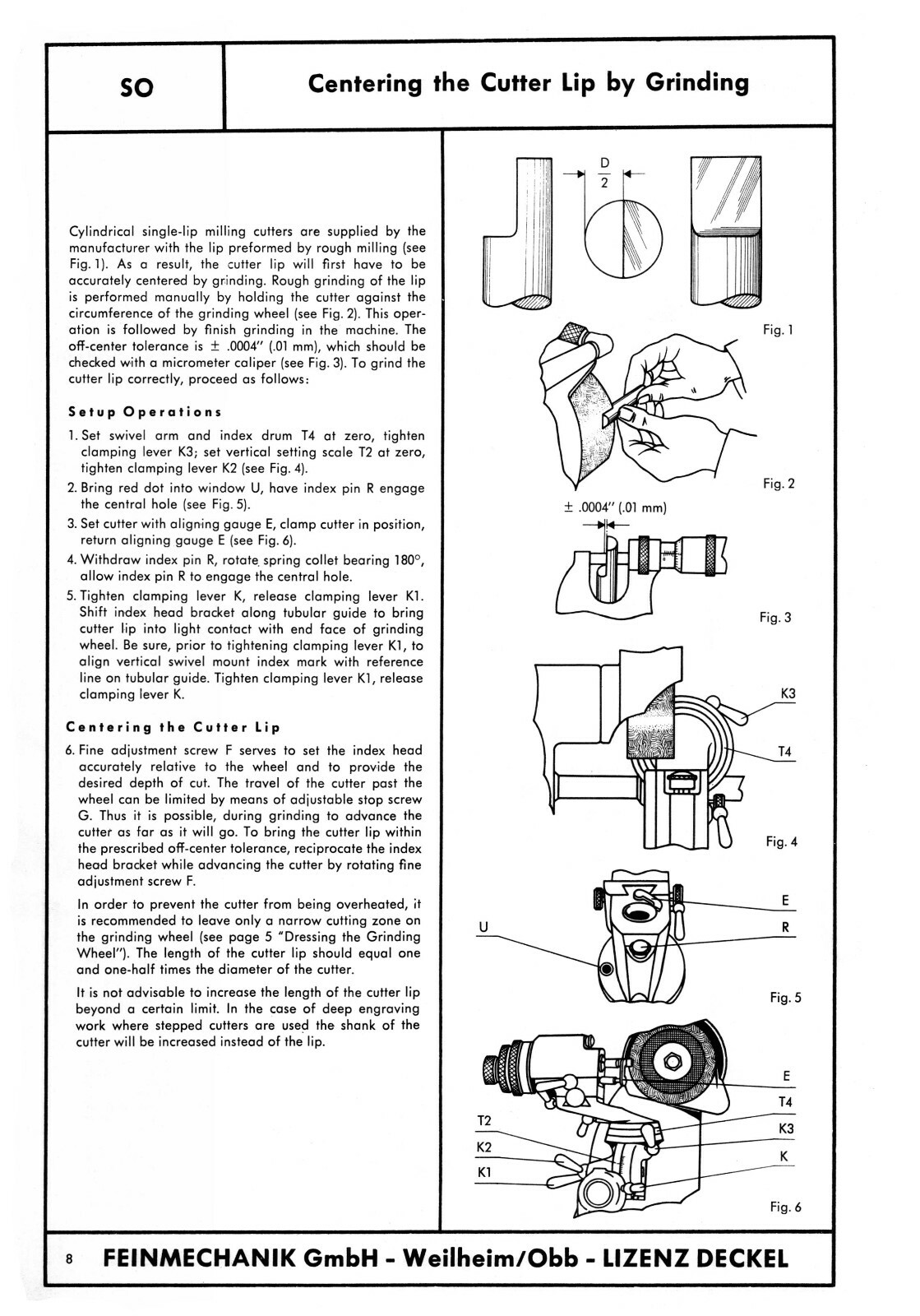 Deckel Single Lip Cutter Grinder SO Operating Instruction Manual #1590